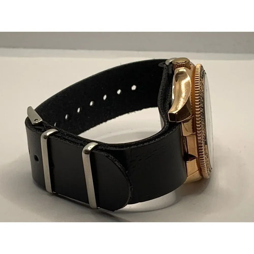 Fossil AM4616 Women's Black Leather Analog Beige Horne Dial Quartz Watch JD261